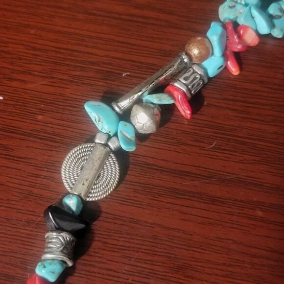 Southwestern Navajo Turquoise Double Strand Necklace Pewter Ankh Pendant Heart - Picture 9 of 12